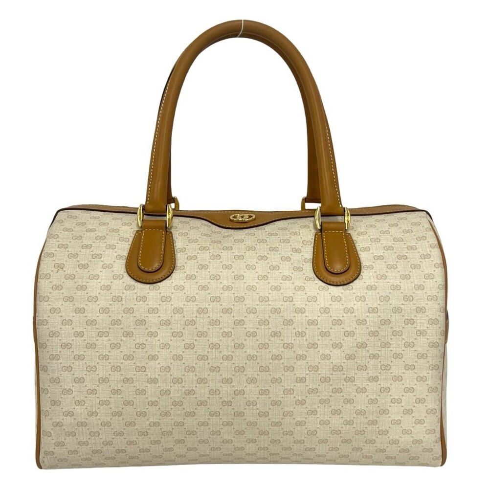 GUCCI Vintage Old Gucci Micro GG Logo Pattern Leather Boston Bag Handbag Beig...